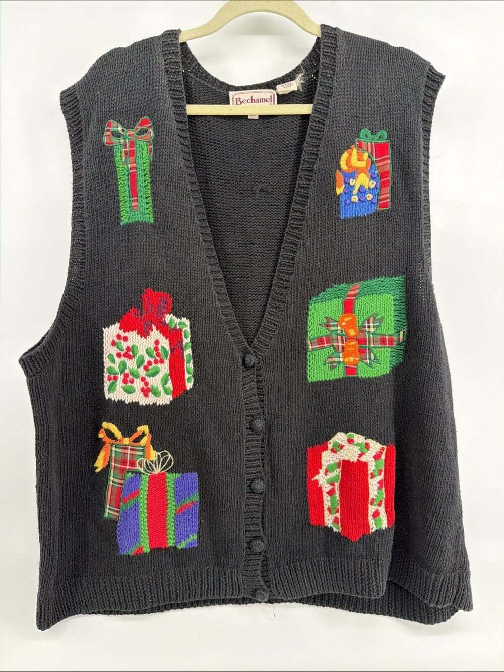 VTG Bechamel II 2XL Christmas Present Knitted Sweater Vest Embroidered Button Up